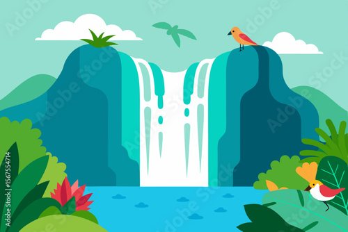 Majestic Waterfall Cascading Down Moss Covered Cliffs
