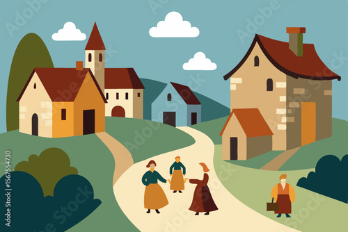 Medieval Village Scene with Stone Cottages and Windmill