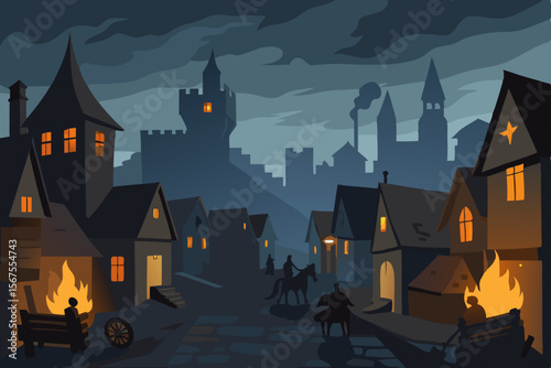 Medieval Town at Dusk Lit Only by Torches and Light