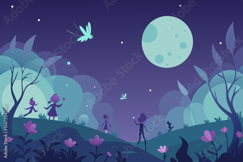 Mystical Moonlit Glade with Fairies Hovering Above