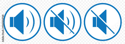 speaker icon set. Blue noise icons symbol. sound level. silent signs. Volume symbol on Transparent Background. EPS 10.