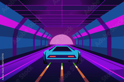 Night Drive Through Neon Lit Tunnel with Purple Glow