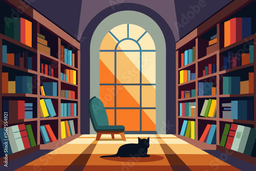 A Serene Library With Wooden Shelves Reaching To The Ceiling