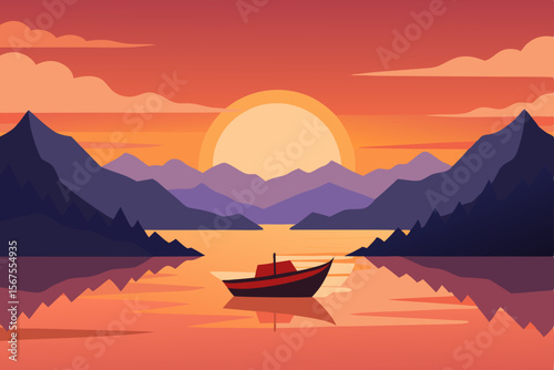 A Serene Sunset Boat Ride On A Still Lake With Silhouetted Trees