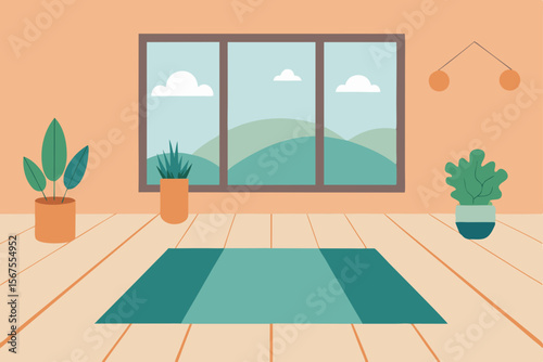 A Serene Yoga Studio With Wooden Floors And Large Windows