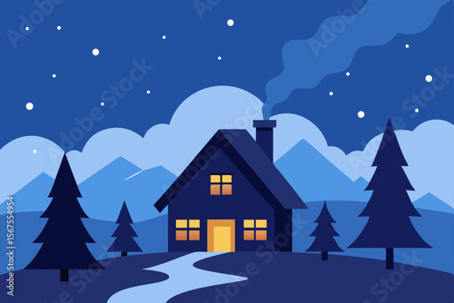 A Snowy Alpine Cabin Nestled In Pine Trees With Smoke Rising