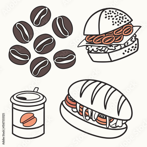 Illustration showing coffee beans, a coffee cup, a burger, and a submarine sandwich on a plain background