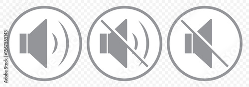 Volume Control icon set, Sound icon, mute icon, speaker icon, volume icon ,Vector Illustration In Gray Color  Loudspeaker and Silence Icons for Apps on Transparent Background. EPS 10.