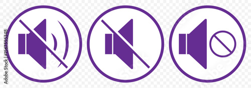 Speaker Volume Icons – Sound, Mute, Increase, Decrease Audio Symbols Set in Violate Color on Transparent Background. EPS 10.