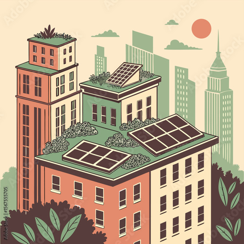 Illustration of city buildings with solar panels and green roofs against a skyline and sun disc