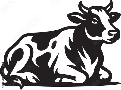 Resting Cow Black and White Illustration of a Dairy Cow