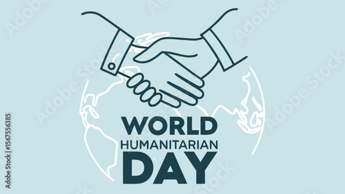 Global cooperation: A minimalist line art illustration depicting a handshake over a world map, symbolizing international humanitarian aid and collaboration for World Humanitarian Day.
