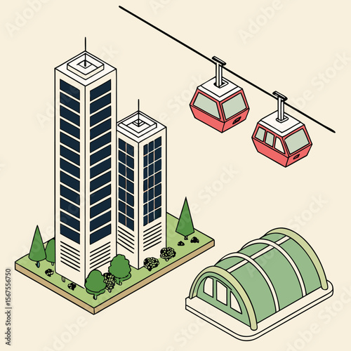 Isometric city scene with buildings, trees, cable cars, and a greenhouse on a light beige background