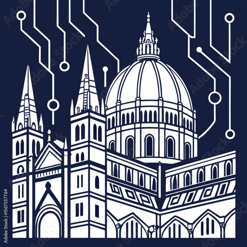 Illustration of a cathedral with circuit board elements in a stylized digital design format art