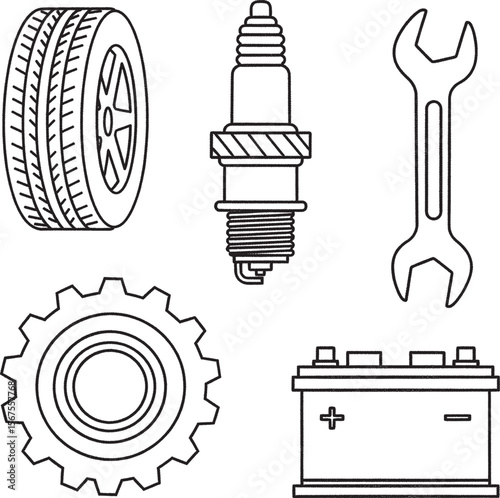A stark white outline illustration on a black chalkboard background showcasing essential car maintenance items.