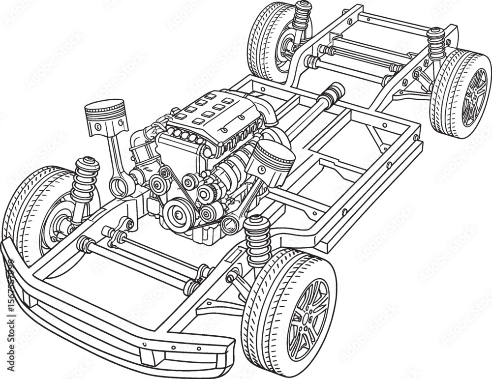 Chalkboard style illustration of a car chassis with engine and suspension components.