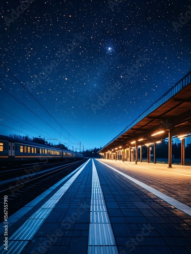 The solemn train station under the starry sky