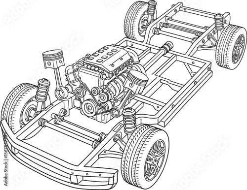 Chalkboard style illustration of a car chassis with engine and suspension components.