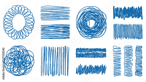 Hand drawn grunge ink pen stylus graphic design elements set. Scribbles squiggles doodles, round rectangle circle shapes, brush strokes. Rough uneven artistic hatching. Backgrounds dividers collection
