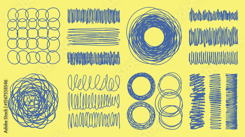 Hand-Drawn Grunge Ink Pen Stylus Graphic Elements Set: Scribbles, Squiggles, Doodles, Round Rectangle Circle Shapes, Brush Strokes, Artistic Hatching, Backgrounds, Dividers Collection.