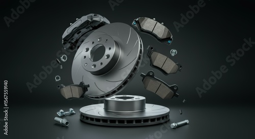Product photography of a complete brake service kit with a brake disc, caliper, and pads. Automotive repair and maintenance.
