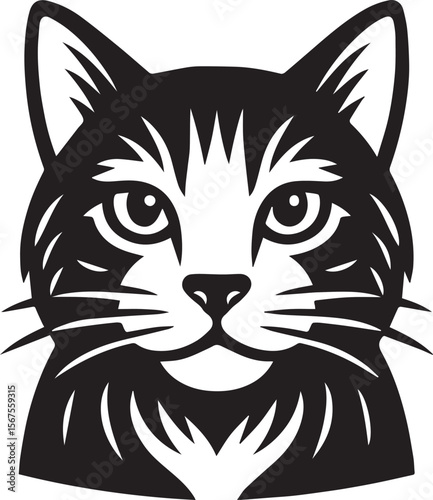 Striped Cat Head Illustration Black and White Feline Portrait