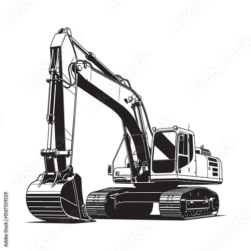 Heavy duty excavator machine silhouette isolated on white background Art & Illustration