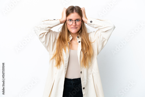 Young blonde woman isolated on white background doing nervous gesture