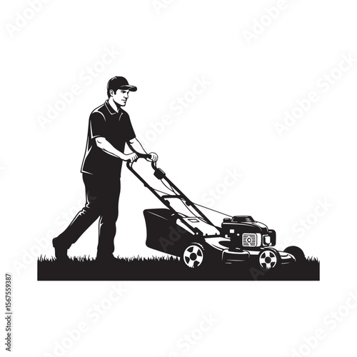Man pushing lawnmower in grass silhouette isolated on white background Art & Illustration