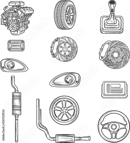 Collection of hand-drawn car and automotive parts, including an engine, tires, steering wheel, brakes, headlights, and exhaust system, all in chalk