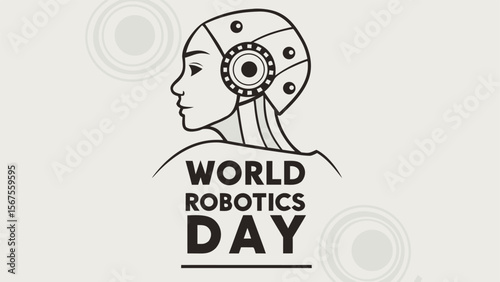 World Robotics Day:  Stylish Line Art Illustration of a Female Cyborg Head, Minimalist Design, Futuristic and Thought-Provoking Mood.