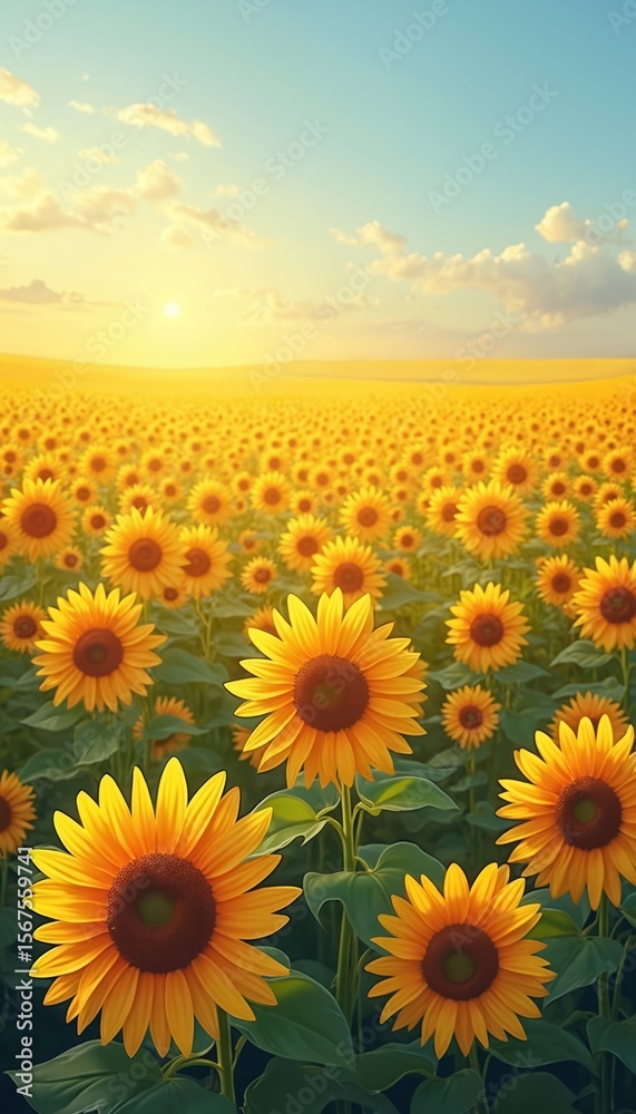 Obraz premium Vibrant sunflower field under golden sunset light. Blue sky with clouds frames vast expanse of blooming yellow sunflowers with green leaves. Illustration offers peaceful natural background perfect