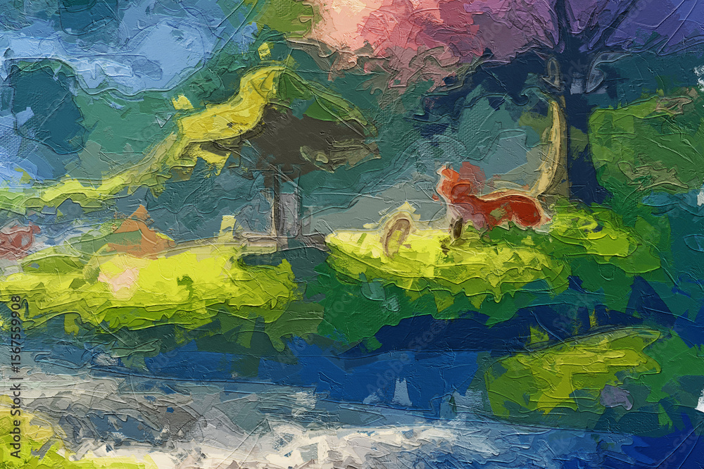 Fototapeta premium Various oil paintings, flowers, landscapes, waterfalls, forests, squirrels, animals, roses, peonies, flying birds
