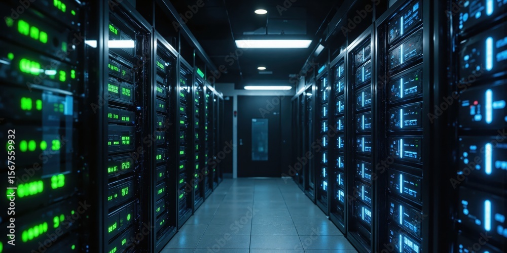 Obraz premium Cryptocurrency Mining - Data Centers and Mining Equipment An expansive view inside a cryptocurrency mining data center, filled with rows