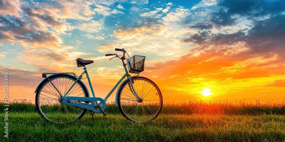 Fototapeta premium Summer vibes concept A bicycle rests in a grassy field under a vibrant sunset sky.
