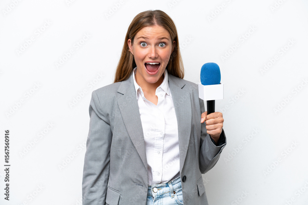 Young caucasian tv presenter woman isolated on white background with surprise facial expression Young caucasian tv presenter woman isolated on white background with surprise facial expression