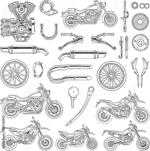 Diverse collection of hand-drawn motorcycles, including cruisers and dirt bikes, along with various motorcycle parts like engines, exhaust pipes, and wheels, all in chalk