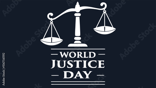 World Justice Day:  Elegant White Scales of Justice Icon on Dark Blue Background;  Modern, Minimalist Design;  Conceptual Image for Law, Equality, and Fairness.
