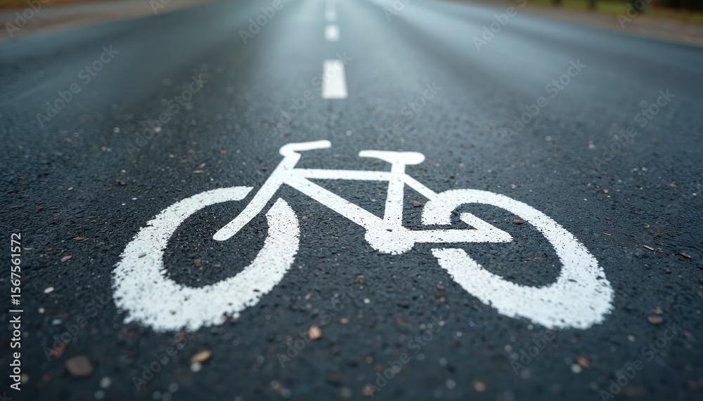 Obraz premium White bicycle symbol painted on asphalt road. Smooth surface, detailed marking indicates dedicated lane. Promotes cycling, eco-friendly transport, healthy urban commuting and road safety awareness.