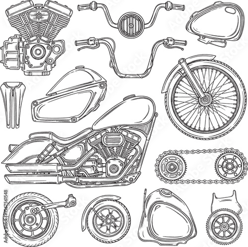Collection of hand-drawn motorcycle parts, including an engine, handlebars, fuel tanks, wheels, and a chain drive, all drawn in chalk