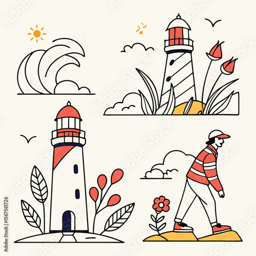 Illustration featuring lighthouses waves sun clouds flowers and a person in a striped shirt and a hat