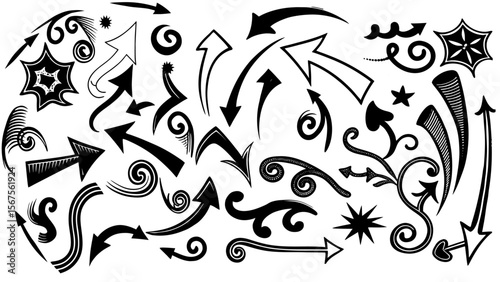 Arrow Mark Icons Vector Set — Isolated on White Background, Hand-Drawn and Geometric Arrows for Web Navigation, UI Design, Diagrams, and Directional Use

