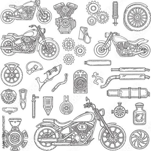 Extensive collection of hand-drawn motorcycles and various motorcycle parts, including engines, wheels, and gears