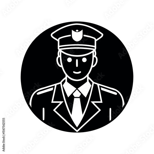 Stylized black and white illustration of a police officer in uniform
