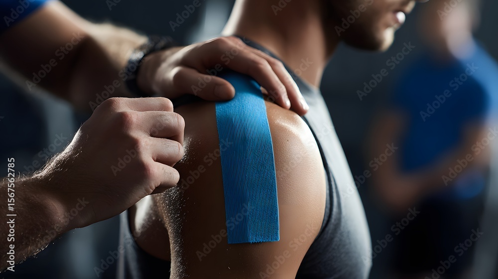 Fototapeta premium Physiotherapeut klebt Kinesiotape auf Schulter eines Patienten 