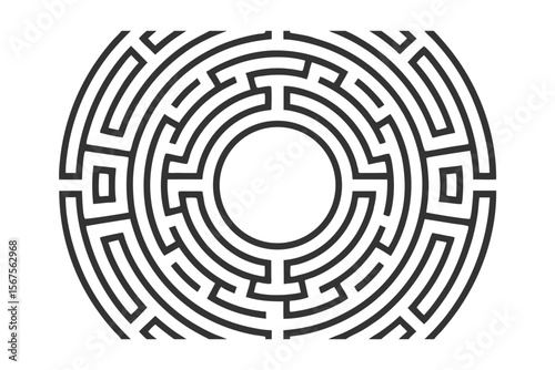 Circular maze pattern with concentric paths a central empty circle on labyrinth puzzle
