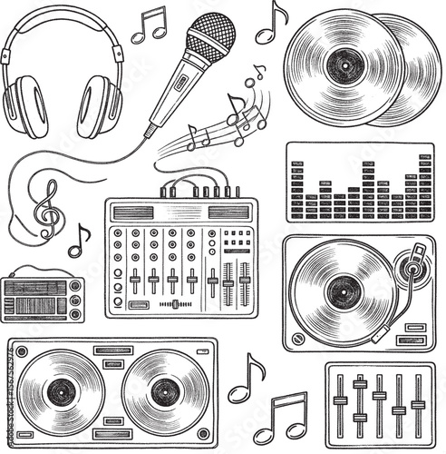 Collection of hand-drawn DJ and music production equipment, including headphones, turntable, mixer, and musical notes