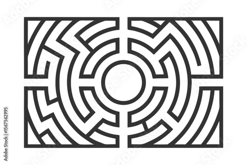Dark gray maze pattern on with concentric circular design rectangular frame labyrinth