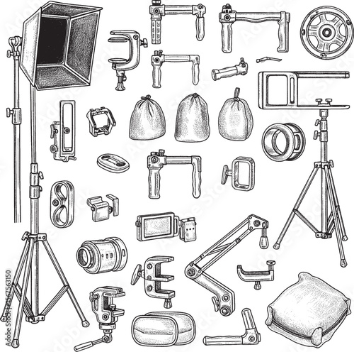  Large collection of hand-drawn photography and videography studio equipment and accessories 