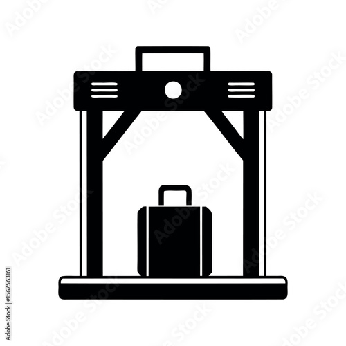 Airport security baggage scanner with a suitcase, black and white icon